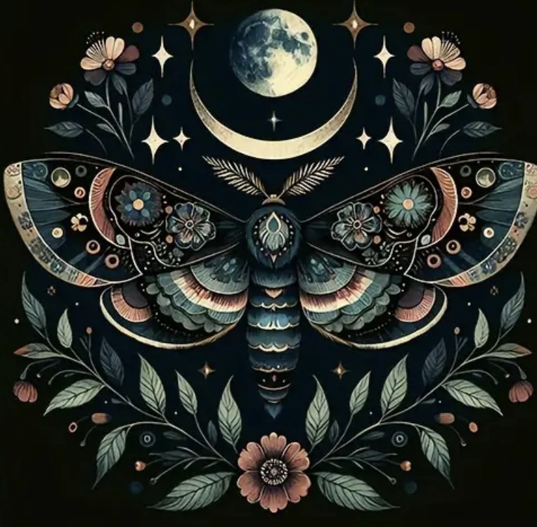 A moth looking up to the moon adorns this altar cloth